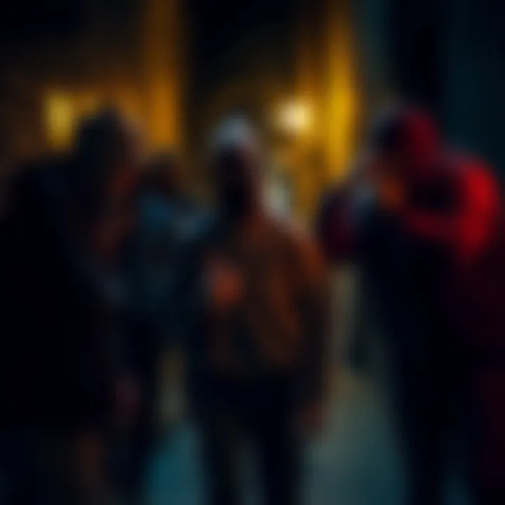 A group of masked thieves confronts a student in a dark alley, showing tension and fear, with shadows cast by nearby streetlights.