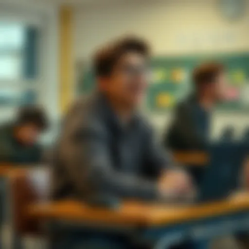 A student sitting at their desk, trying to hide their excitement about a game pre-order while glancing at a crush nearby in a classroom setting.