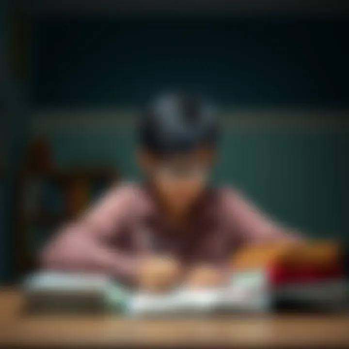 Student Studying Ahead of Curriculum A focused student sitting at a desk with books open, studying topics beyond their homework assignments, showing determination and achievement.