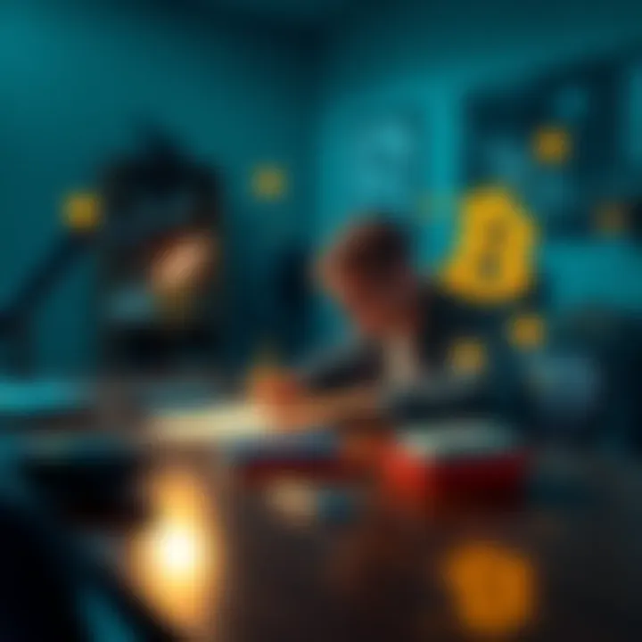 A college student sitting at a desk, writing an essay with a laptop, notes, and Bitcoin symbols around them.