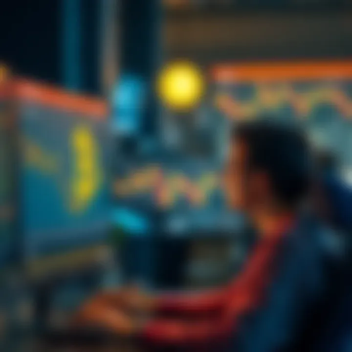 A student looks at a computer screen showing Bitcoin prices, thinking about his investment decision.