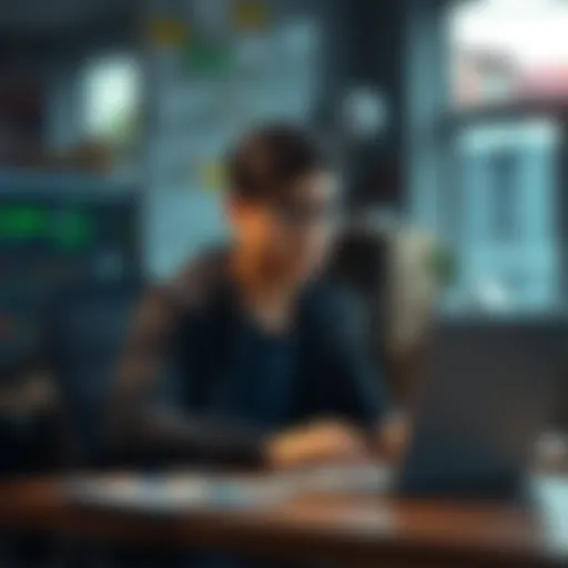 A young computer science student sitting at a desk, looking at cryptocurrency charts on a laptop, with a thoughtful expression.