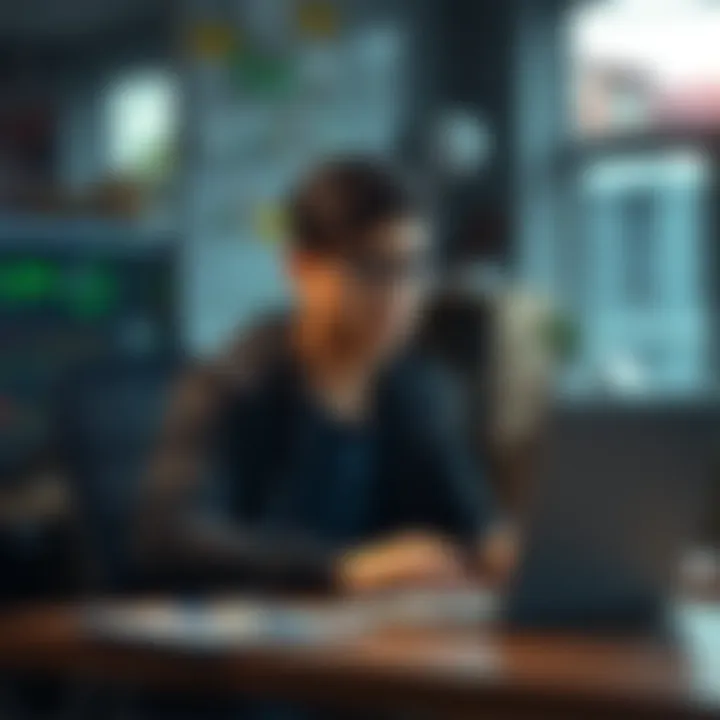 A young computer science student sitting at a desk, looking at cryptocurrency charts on a laptop, with a thoughtful expression.