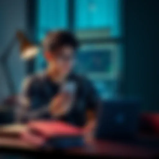 A student examines stock and cryptocurrency options on the Revolut mobile app while sitting at a desk with books and a laptop.