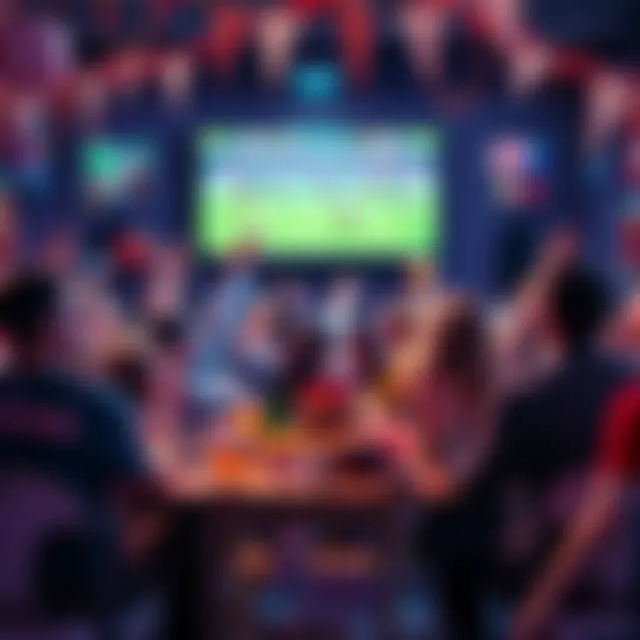 Fans enjoying a Super Bowl party with decorations and snacks while watching the game on a big screen