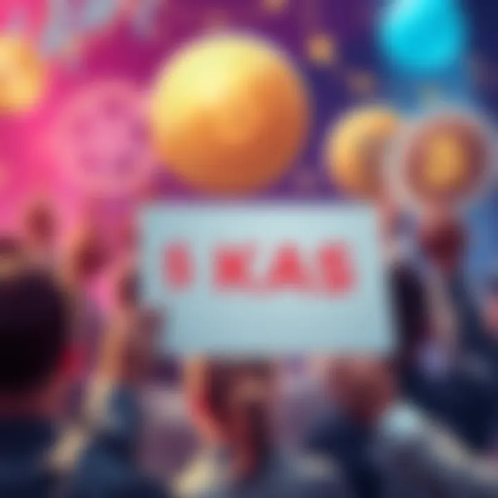 A group of people holding signs advocating for the addition of Kaspa $KAS to the Exodus wallet, with a backdrop of digital wallets and coins.