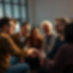 Supportive Community Discussion A group of people sharing thoughts in a circle, showing expressions of encouragement and support while discussing beliefs.