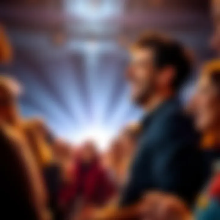 An excited audience reacts to a man's unexpected singing performance, showing their astonishment and joy.