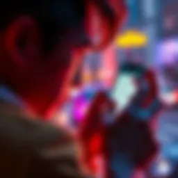 A person looking at a phone screen with shady cryptocurrency messages, showing concern about scams.