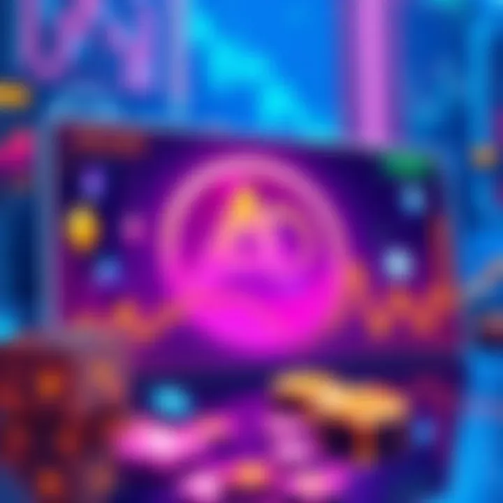 A digital illustration of a decentralized exchange interface showing ADA being swapped for stablecoins with colorful graphics representing cryptocurrencies.