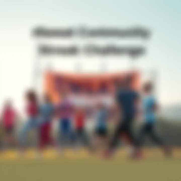 A group of people participating in a fitness challenge outdoors, sharing their steps and enjoying healthy activities, with a banner for the Streak Challenge in the background.