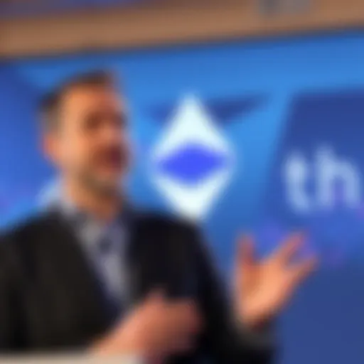 Joe Lubin announces SWIFT's use of Linea Blockchain for new payments system with Ethereum logo in background