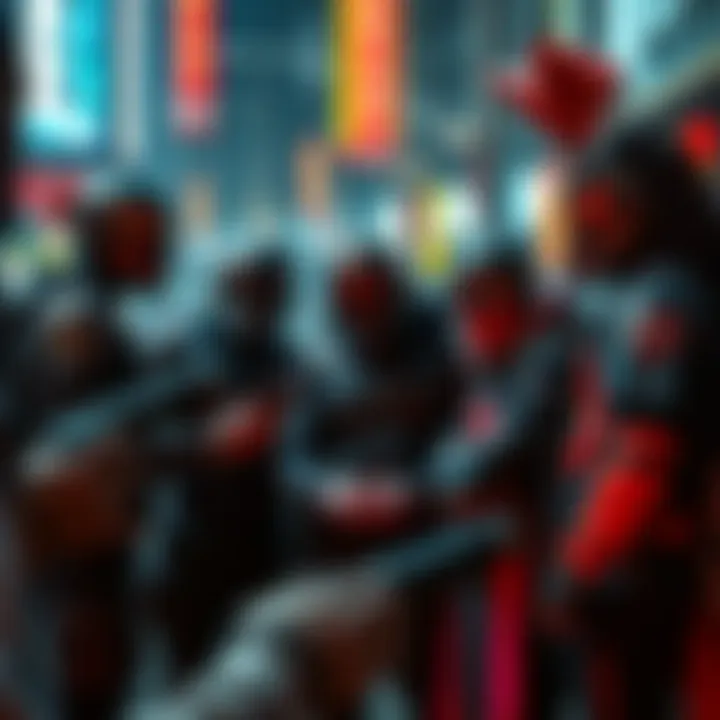 A group of Target Warriors in modern attire, showcasing their unique styles and cultural symbols in an urban setting, engaging in a lively discussion.