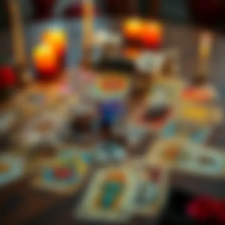 A colorful spread of tarot cards on a wooden table, with candles and crystals around them, symbolizing insight and hidden truths.