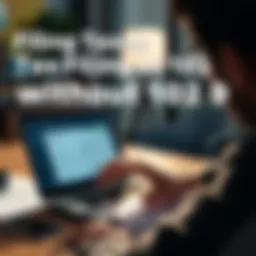 A person looking at tax documents with a laptop open, showing a tax software interface. The scene shows concern about filing taxes without a 1099 form.