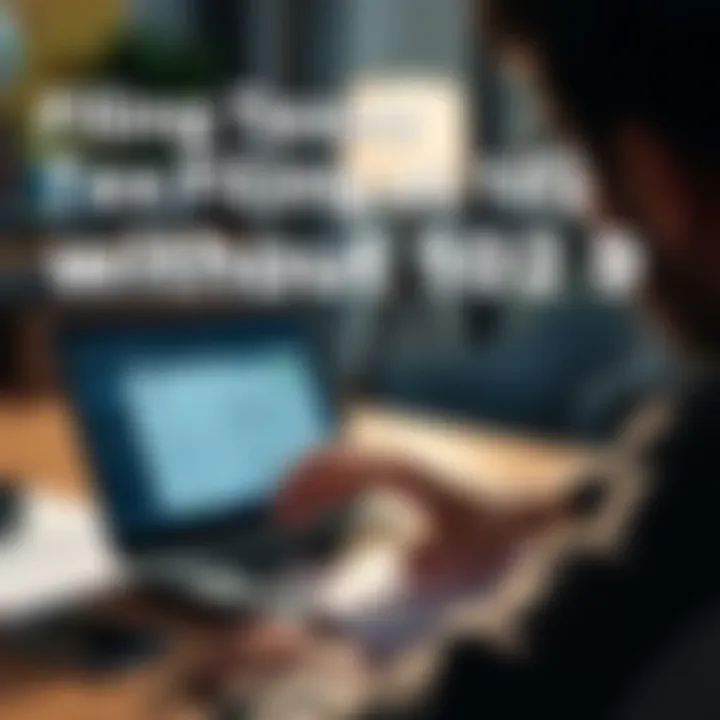 A person looking at tax documents with a laptop open, showing a tax software interface. The scene shows concern about filing taxes without a 1099 form.