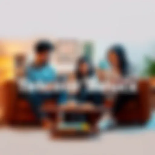 A family sitting together with books, a laptop, and a tablet discussing Bitcoin fundamentals in a cozy living room.
