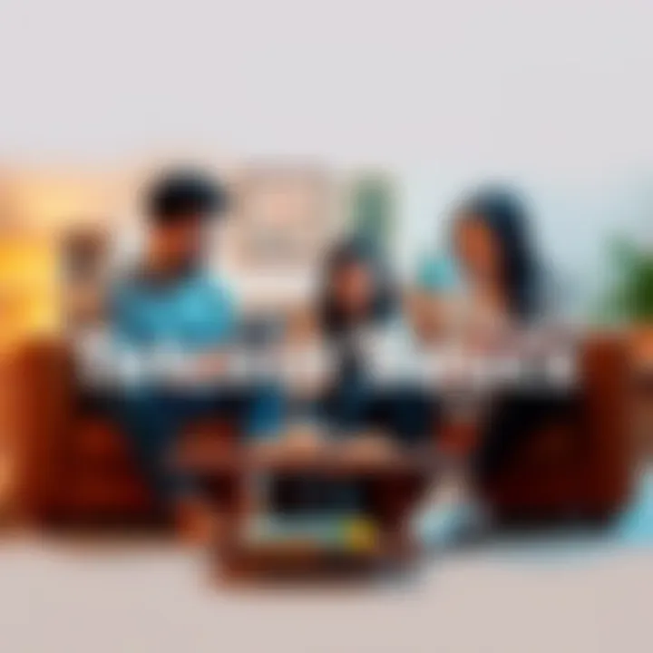 A family sitting together with books, a laptop, and a tablet discussing Bitcoin fundamentals in a cozy living room.