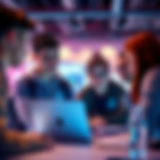 A group of students gathered together, looking at a laptop and discussing their experience at the Adobe University Hackathon.