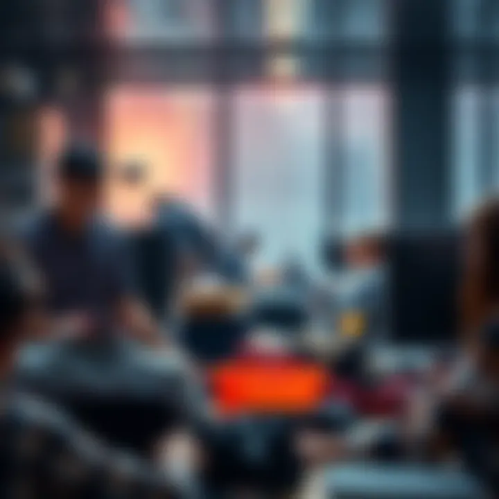 A group of coworkers cleaning up their desks and gathering their belongings at the end of a workday.