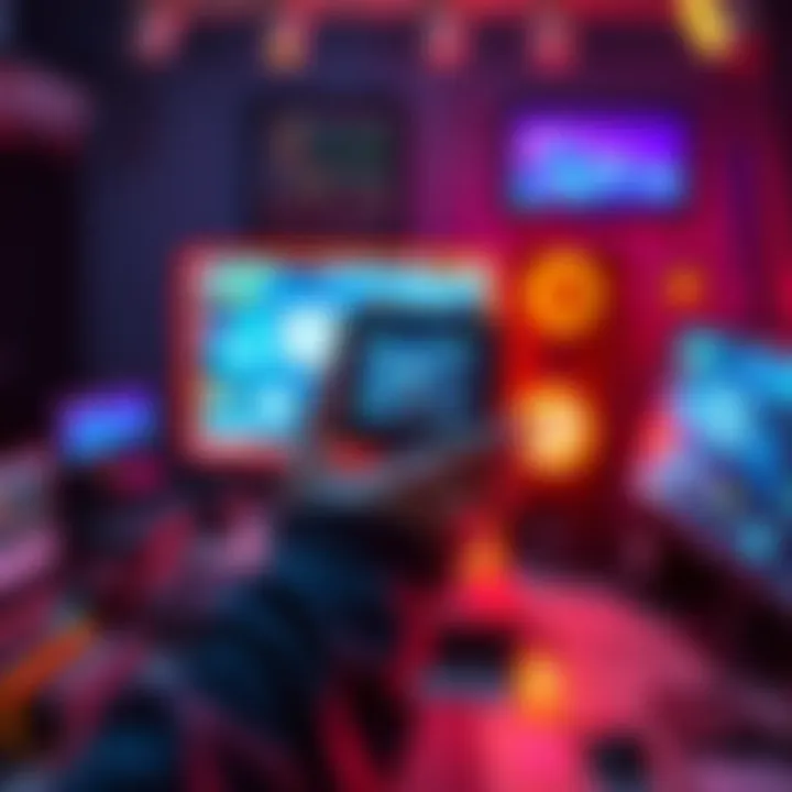 Tech Innovation Launch A person holding a futuristic device with bright screens displaying new tech features, surrounded by high-tech gadgets and computers