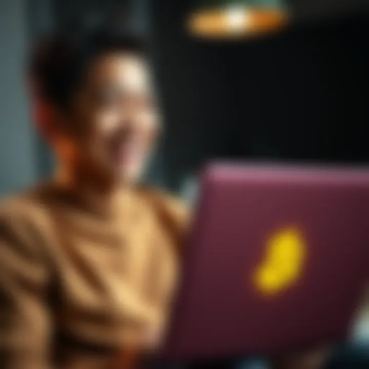 A 19-year-old smiling with a laptop, showing excitement after earning money through Bitcoin investments.