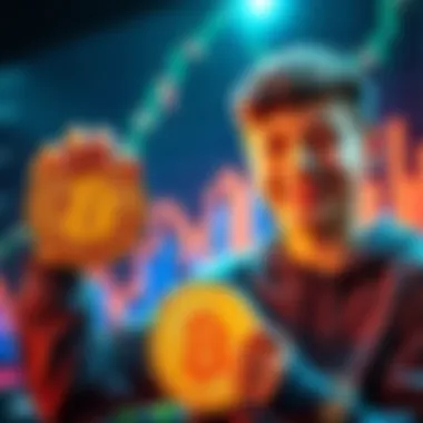 A 15-year-old boy smiling while holding a Bitcoin symbol, celebrating his achievement, with a financial chart in the background showing growth.