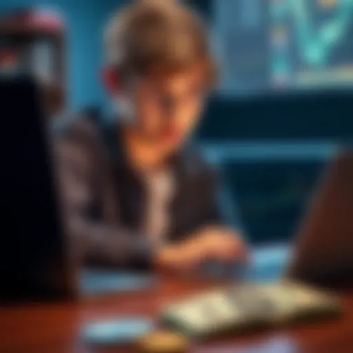 A high school student looks at a laptop with cryptocurrency charts and a $100 bill on the table, contemplating investment choices.