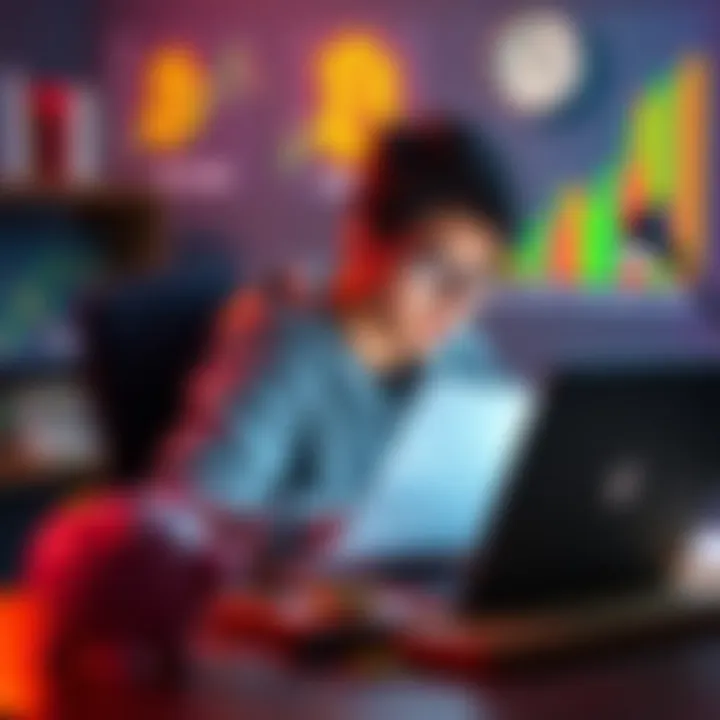 A 14-year-old student sitting at a desk with a laptop, reviewing Bitcoin charts and financial documents, looking focused and determined, with a piggy bank nearby.