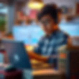 A 15-year-old boy studying charts on a laptop, looking hopeful while surrounded by books on trading strategies