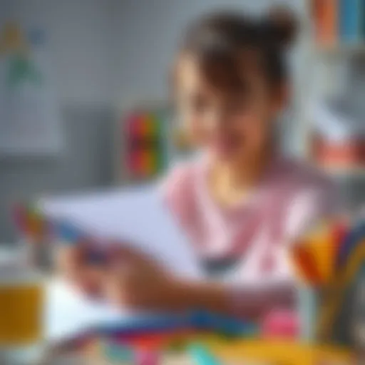 A teenage girl smiles as she shows her cute drawings on paper, surrounded by colorful art supplies.