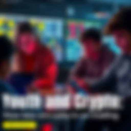 A group of teenagers analyzing cryptocurrency charts on laptops and smartphones, discussing strategies, with coins and graphs visible on the screens.