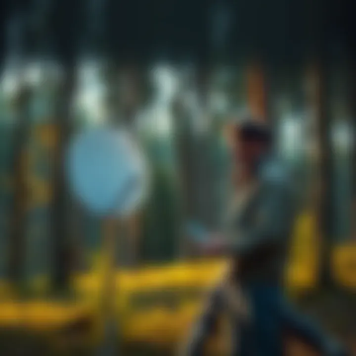 A person standing in a wooded area, holding a Starlink dish while checking internet reception on a device.
