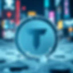 Tether logo and USDT symbol set against a backdrop indicating freezing or blocking, representing the halt of transactions due to crime links.