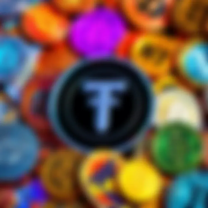 Tether logo surrounded by various crypto coins, representing the stablecoin market's growth to $243 billion.