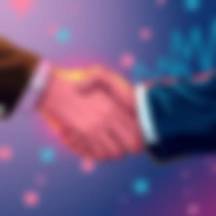 An illustration showing a hand shaking with a financial auditor, symbolizing trust and transparency in cryptocurrency.