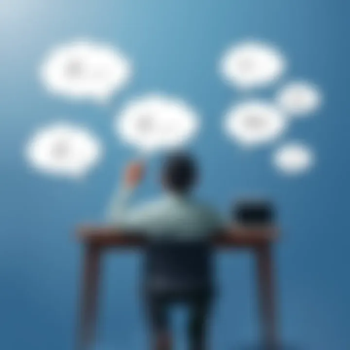 A person sitting at a desk with thought bubbles filled with prompts like 'If ___, then ___?' showcasing critical thinking.
