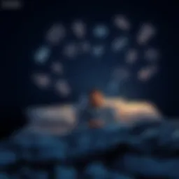 Thoughtful Person at Night A person sitting up in bed, looking contemplative with a dim light, surrounded by thoughts and ideas swirling around them