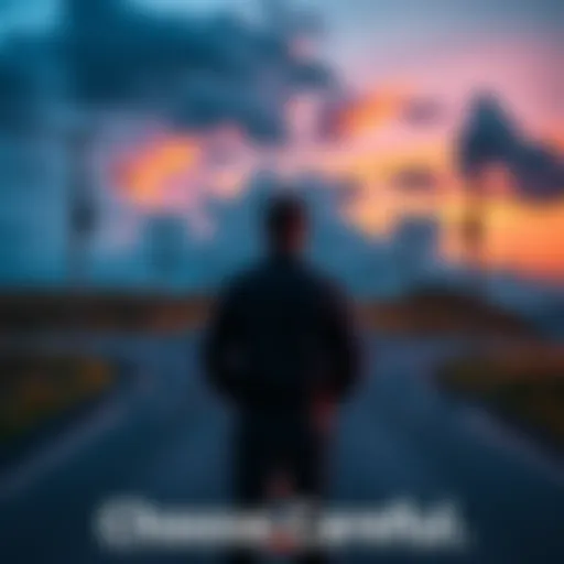 A person standing at a crossroads, contemplating different paths ahead, symbolizing decision-making
