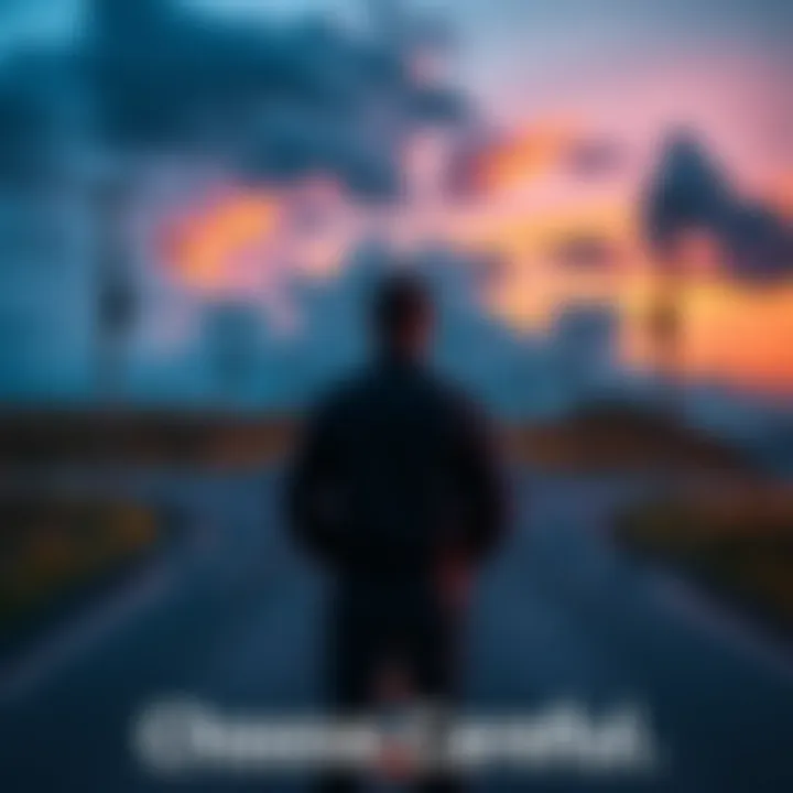A person standing at a crossroads, contemplating different paths ahead, symbolizing decision-making
