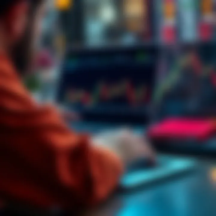 Three-Month Financial Chart A trader analyzing a three-month financial chart on a laptop, focusing on trends and data.