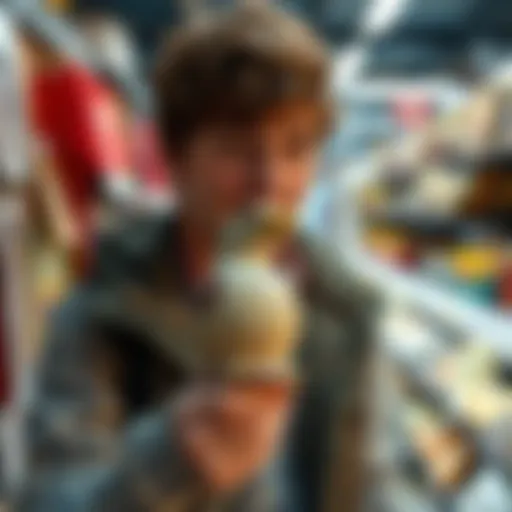 A person holding a vintage spitting eagle ceramic piece in a thrift store, looking excited while discovering potential treasure.