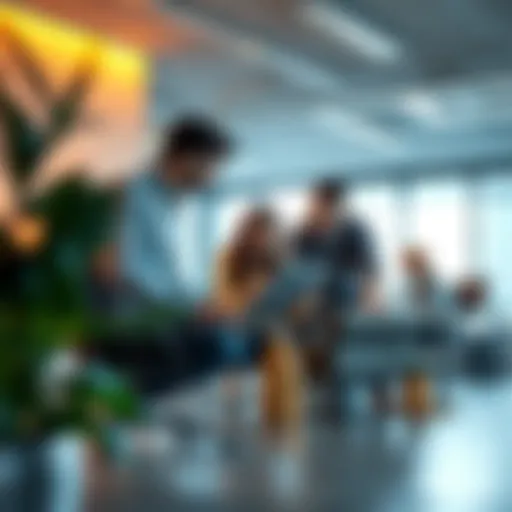 A group of people collaborating on a project in a calm office environment, symbolizing community and teamwork in slow market conditions.