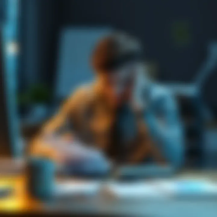 A tired person sitting at a desk with paperwork and coffee, showing signs of fatigue