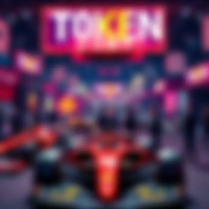Crypto and F1 at Token 2049 A vibrant scene of the Token 2049 event in Singapore, featuring crypto logos and F1 cars, with people engaging in discussions about technology and racing.