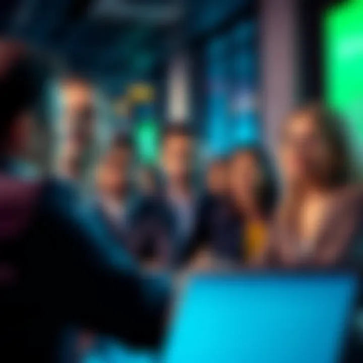 A Robinhood executive discussing the benefits of tokenization in investment with a diverse group of people looking engaged and interested