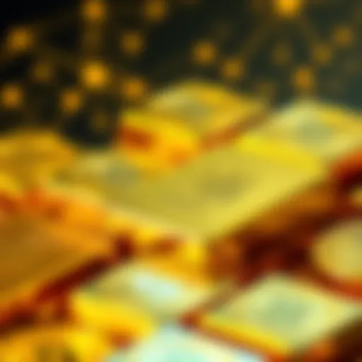 A close-up view of gold bars with digital tokens representing cryptocurrency overlay, illustrating investment in tokenized gold.
