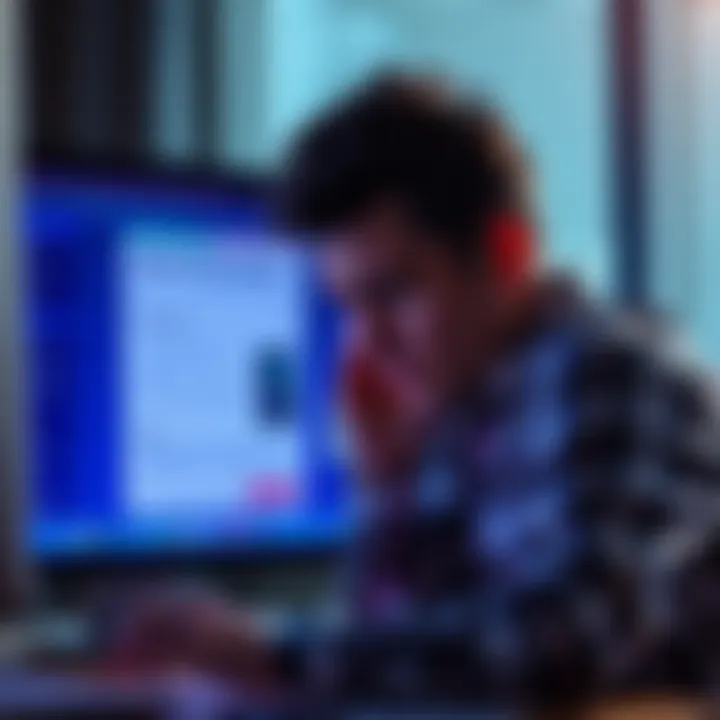 A frustrated person looking at a computer screen with a survey form, showing discontent and confusion, indicating misleading survey practices