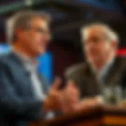 Tom Lee speaks confidently about cryptocurrency's performance while Jamie Dimon listens, looking skeptical, in a lively debate setting.