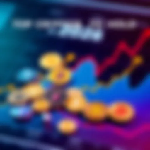 A collection of popular cryptocurrencies represented by their logos on a chart showing growth trends